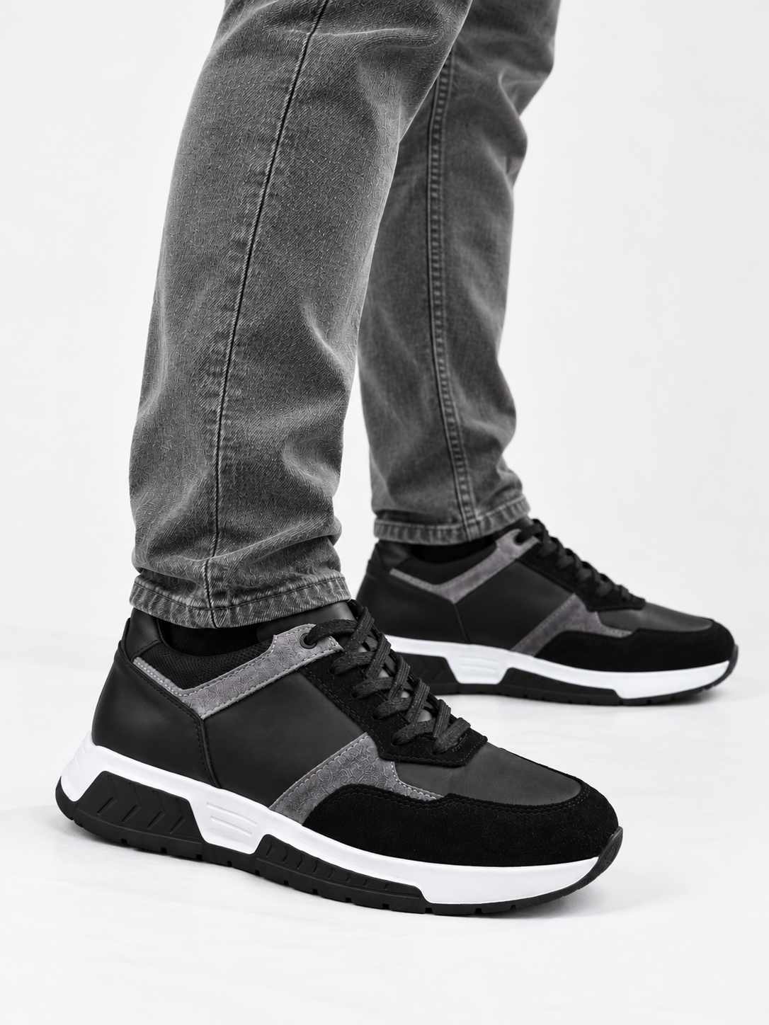 7734 BLACK GREY GİZLİ TOPUKLU BOY UZATAN SPOR AYAKKABI
