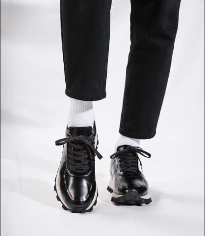 7632 Açma Deri Siyah Gizli Topuk Boyu Uzatan Ayakkabi