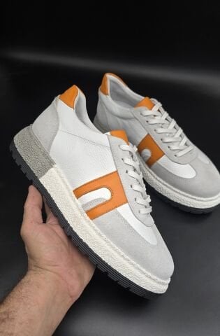 5113 PREMİUM WHİTE-ORANJ DERİ-SÜET ARAJMAN GRAY GİZLİ TOPUKLU SPOR AYAKKABI